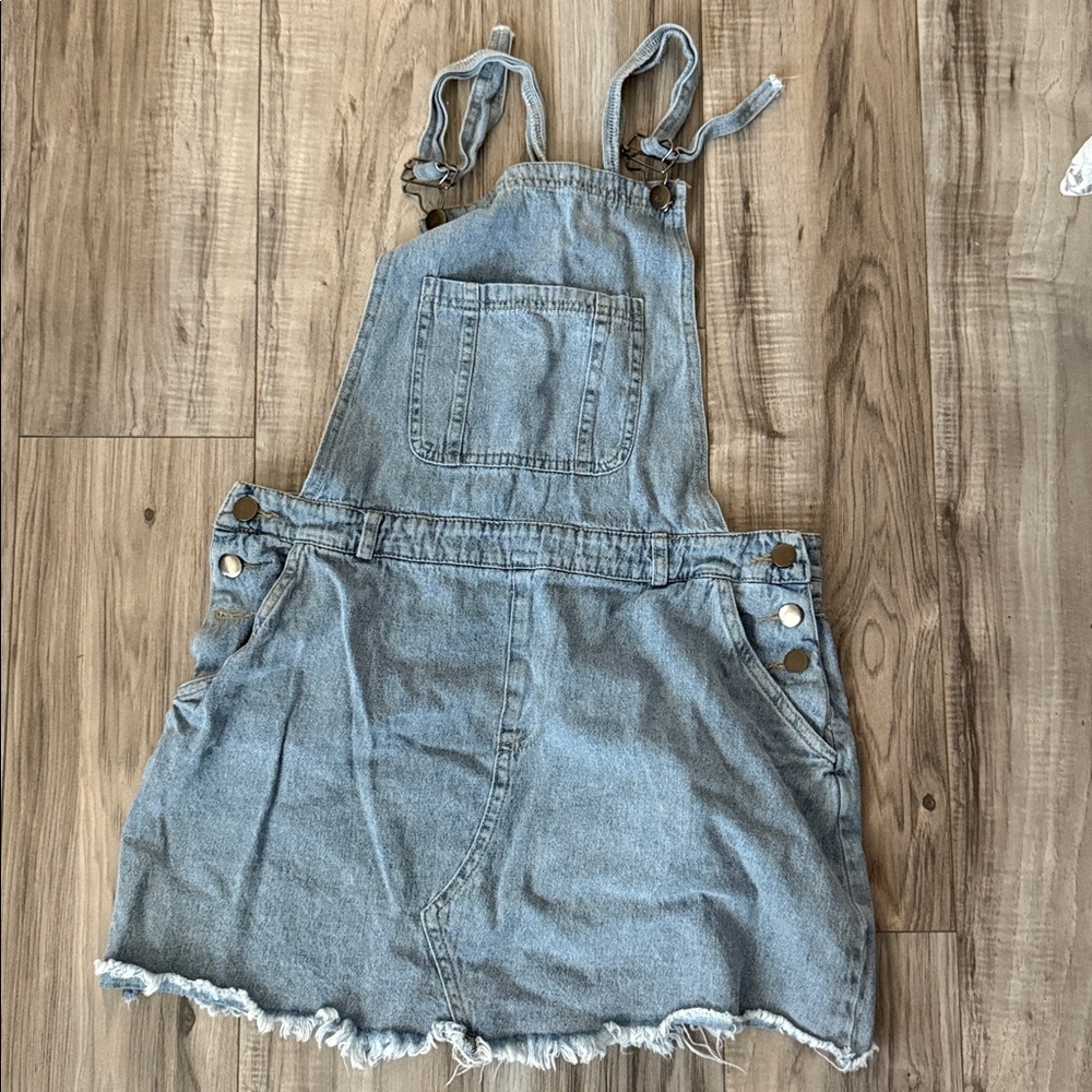 Denim Overall Dress with Frayed Hem